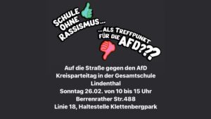 Kundgebung gegen den Kreisparteitag der AfD in Räumen der Gesamtschule Lindenthal